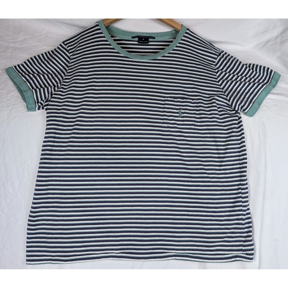 Ralph Lauren Sport Green Pony Striped Ringer Tee Navy Mint Pocket XL